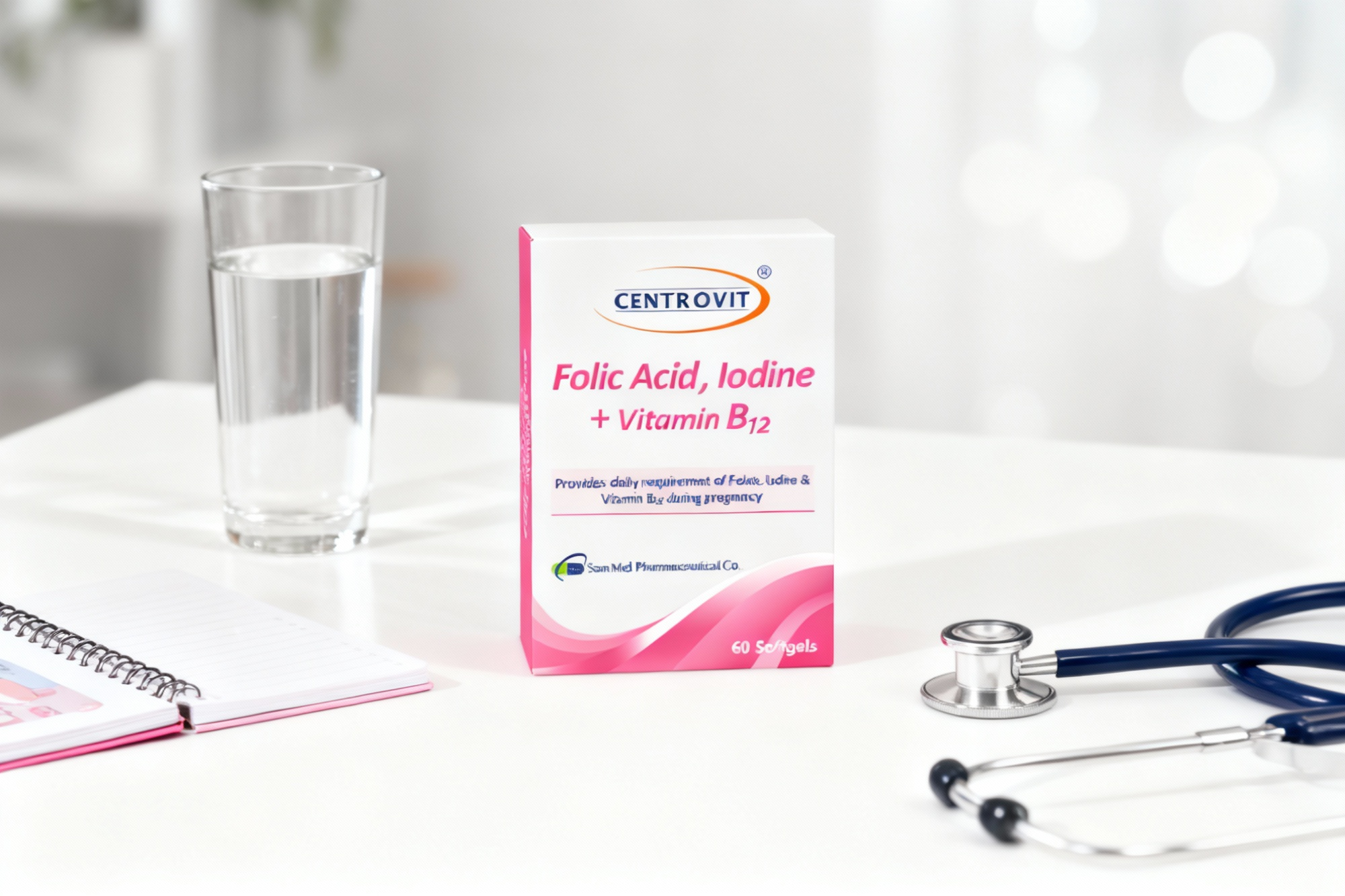 کپسول فولیک اسید ید پلاس ویتامین B12 سنتروویت در کنار وسایل بارداری