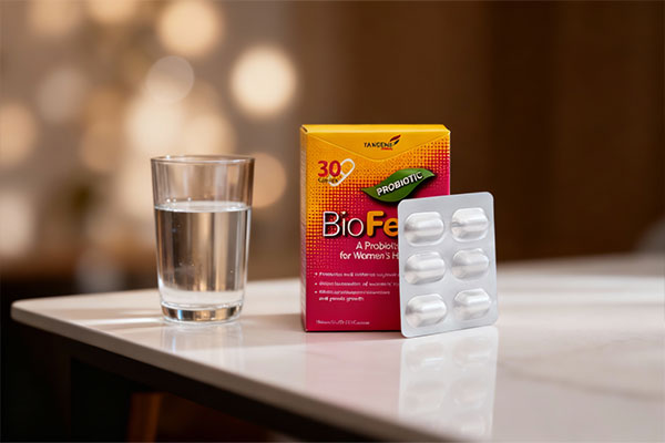 کپسول بایو فم تک ژن فارما کنار لیوان آب