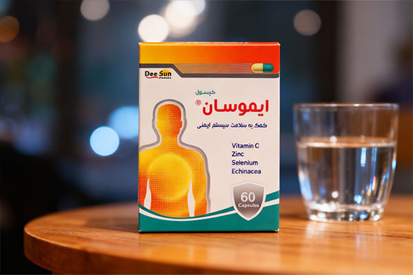 نمای نزدیک از مکمل ایموسان دی سان فارما کنار لیوان آب