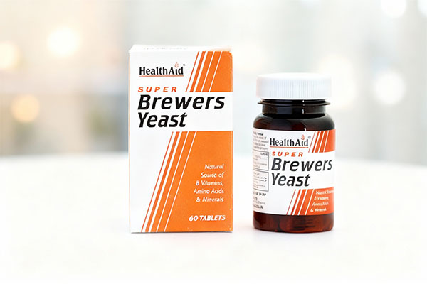 تصویر قرص مخمر آبجو هلث اید روی سطح سفید