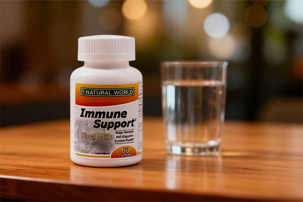 مکمل سلامت روی میز چوبی با لیوان آب