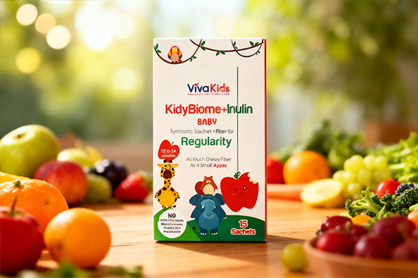 ساشه کیدی بیوم و اینولین ویوا کیدز همراه با میوه‌ها و سبزیجات