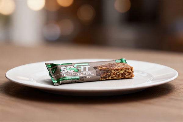 پروتئین بار سوفیت با روکش کاکائویی تلخ باز شده روی بشقاب