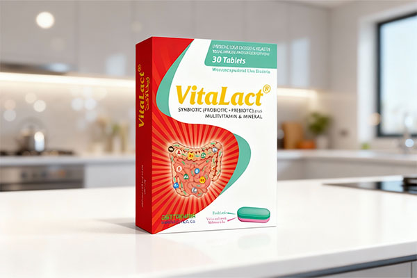 تصویر قرص ویتالاکت زیست تخمیر روی میز سفید