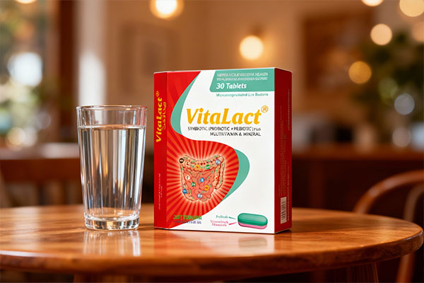 قرص ویتالاکت زیست تخمیر کنار لیوان آب