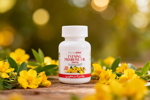 کپسول روغن گل مغربی مونم در کنار عناصر طبیعی