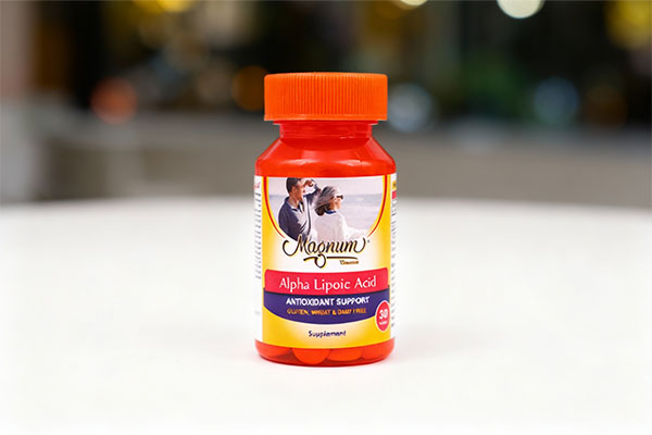 قرص آلفا لیپوئیک اسید مگنوم ویتامینز روی سطح سفید