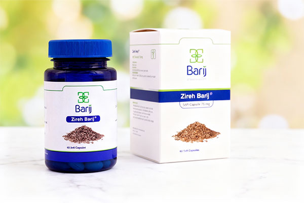 کپسول زیره باریج اسانس 75 میلی گرم روی سطح مرمر سفید