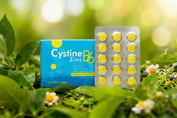عکس قرص سیستین ب۶ زینک دانا در کنار عناصر طبیعی