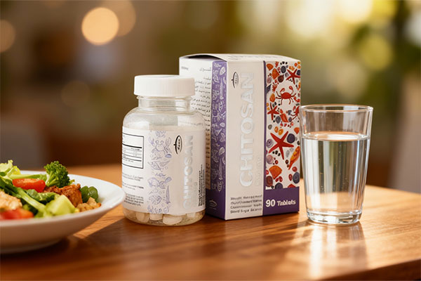 قرص کیتوزان 500 کارن کنار لیوان آب و غذای سالم