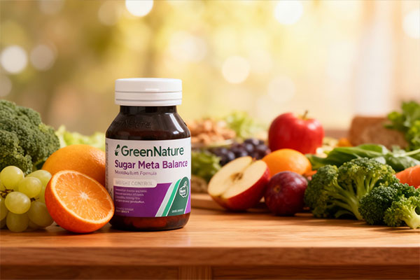 قرص شوگر متا بالانس گرین نیچر کنار مواد غذایی سالم