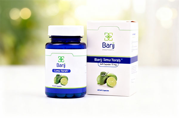 کپسول لیمو ترش باریج اسانس 75 میلی گرم روی سطح سفید