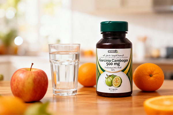 کپسول گارسینیا کامبوجیا 500 ام پلاس کنار لیوان آب و میوهها