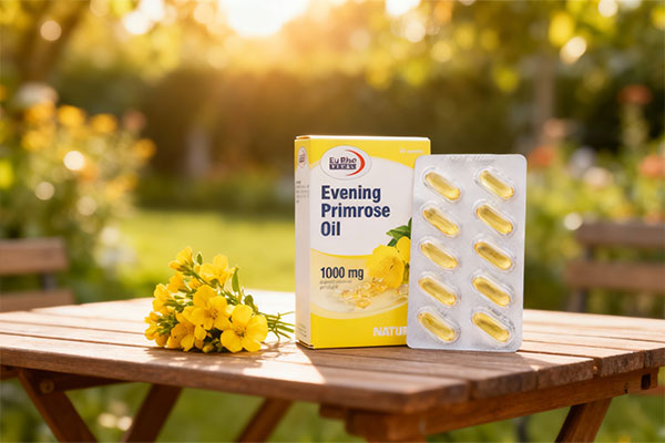 کپسول ایوینینگ پرایم رز اویل 1000 یوروویتال کنار گل‌های زرد