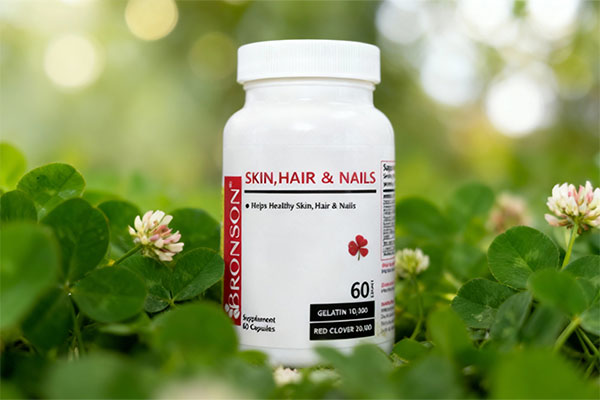 کپسول قرص پوست و مو و ناخن برونسون روی سطح سفید