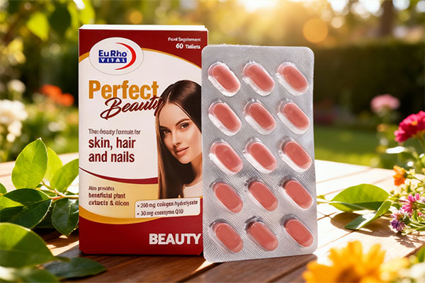 قرص پرفکت بیوتی یوروویتال در کنار عناصر طبیعی