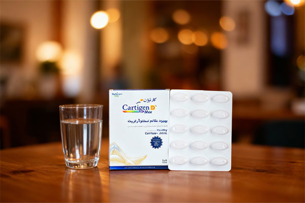 قرص کارتیژن دی مکس نیچرز اونلی کنار لیوان آب روی میز چوبی