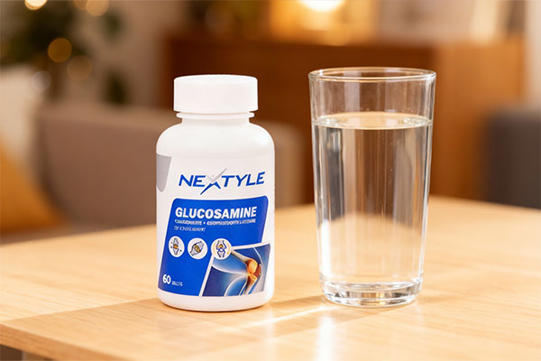 قرص گلوکزامین نکستایل کنار لیوان آب