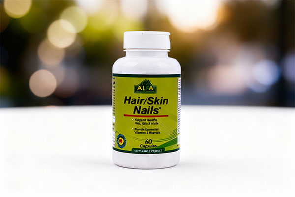 کپسول هیر اسکین نیلز آلفا ویتامینز روی سطح سفید