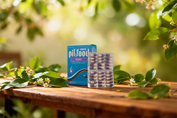 کپسول پیلفود کمپلکس پلاس 45 با عناصر طبیعی روی میز چوبی