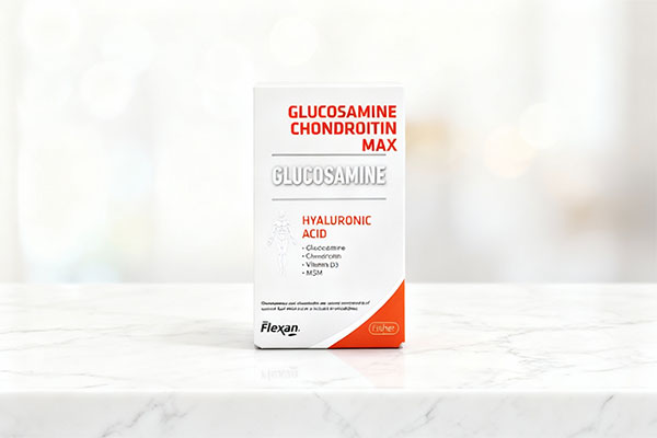 تصویر قرص گلوکزامین کندرویتین مکس فلکسان فیشر روی سطح سفید