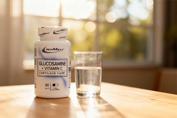 قرص گلوکزامین آیرون مکس کنار لیوان آب روی میز چوبی