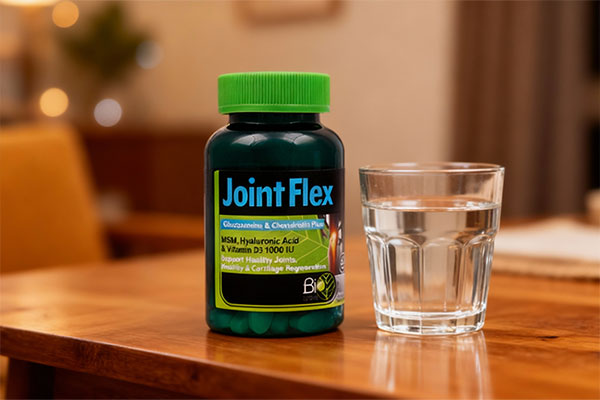 قرص جوینت فلکس بایو فرمولا کنار لیوان آب