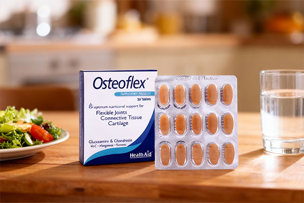 قرص استئوفلکس هلث اید کنار لیوان آب و غذا