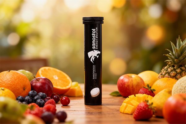 قرص جوشان انرژی زا سانستول در کنار میوههای تازه