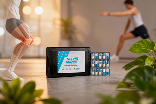کپسول گلوکوزامین ترک نوتریشن در کنار نمادهای سلامت مفاصل
