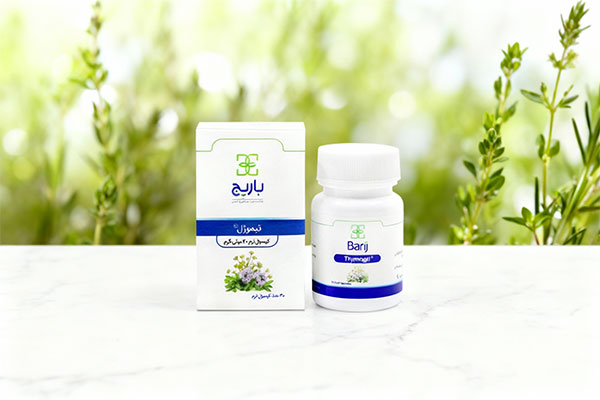 کپسول تیموژل باریج اسانس روی سطح مرمر سفید