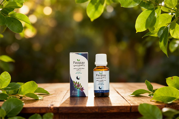 قطره پاسی پی ایران داروک در کنار برگ‌های سبز