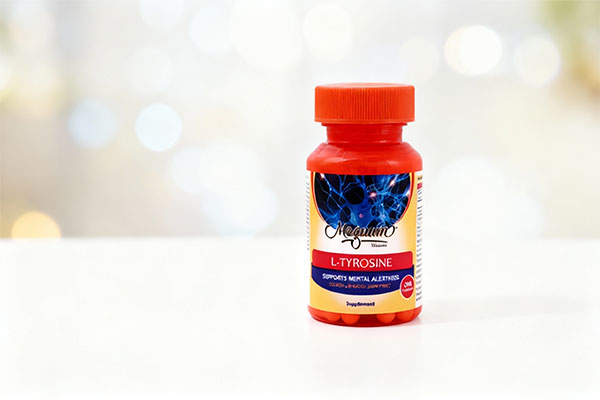 کپسول ال تیروزین مگنوم ویتامینز روی سطح سفید