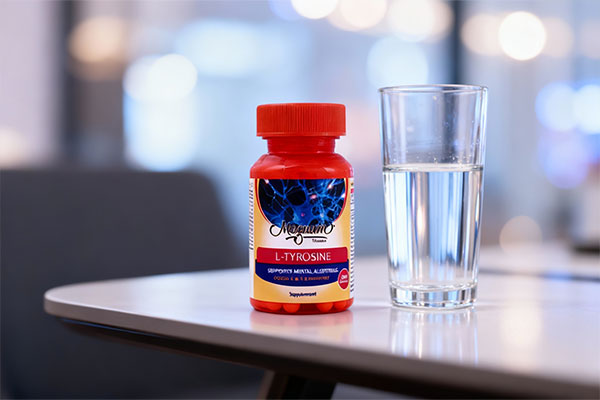 کپسول ال تیروزین مگنوم ویتامینز کنار لیوان آب