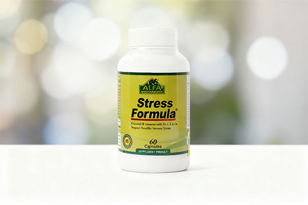 کپسول استرس فرمولا آلفا ویتامینز روی سطح سفید