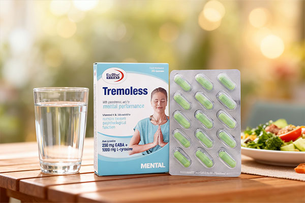 کپسول تریمولس یوروویتال کنار لیوان آب و غذا