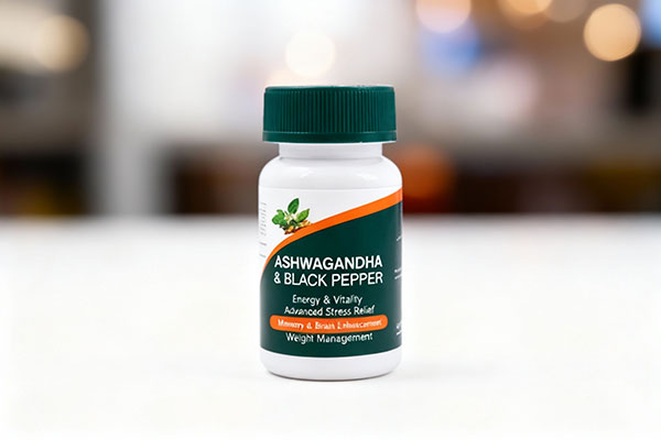 کپسول آشواگاندا آمیتیس نیک دارو روی سطح سفید