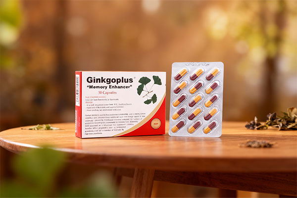 کپسول جینکو پلاس بهار پایا روی میز چوبی با پسزمینه گیاهی