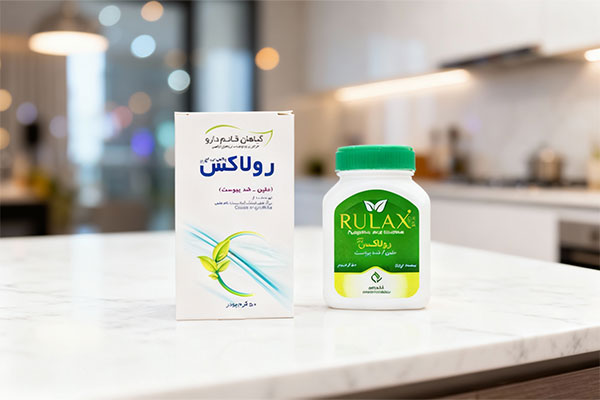 پودر رولاکس قائم دارو روی پیشخوان سفید