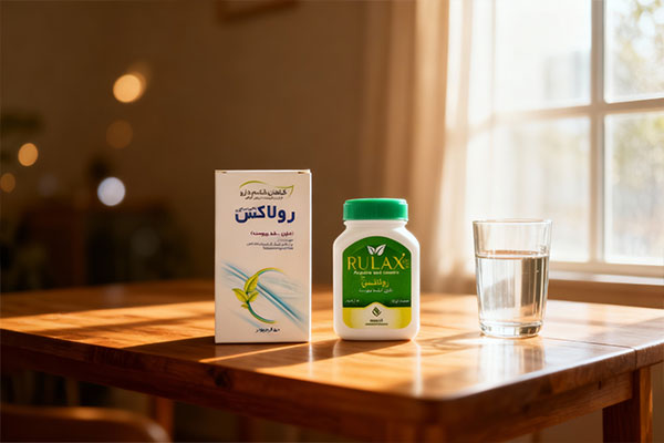 پودر رولاکس قائم دارو کنار لیوان آب