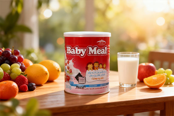 پودر بیبی میل کارن کنار میوهها و شیر