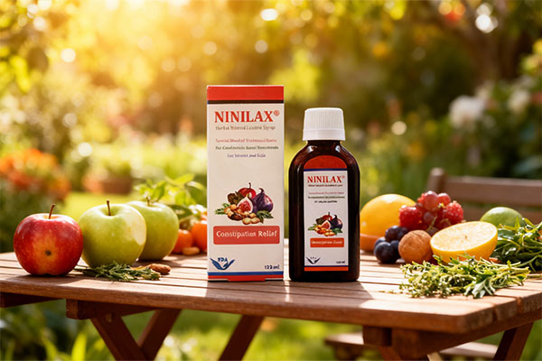 شربت نی نی لاکس همراه با مواد طبیعی روی میز چوبی