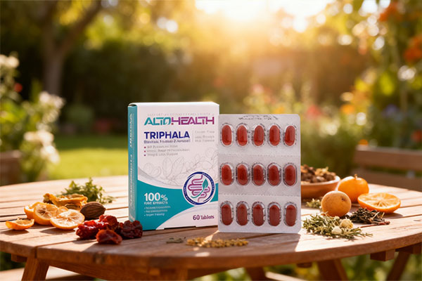 قرص آلتوهلث تریفالا فاران شیمی با میوهها و گیاهان خشکشده