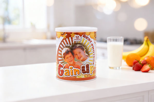 پودر گین آپ کودکان کارن در کنار مواد غذایی مغذی