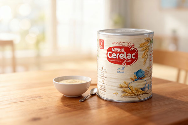 سرلاک گندم نستله کنار کاسه و قاشق روی میز چوبی