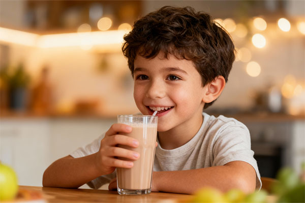 کودک شاد در حال نوشیدن مکمل فست میل کودک