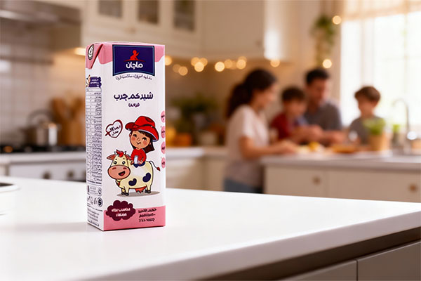 شیر کم چرب ماجان برای کودکان بالای یک سال روی پیشخوان آشپزخانه