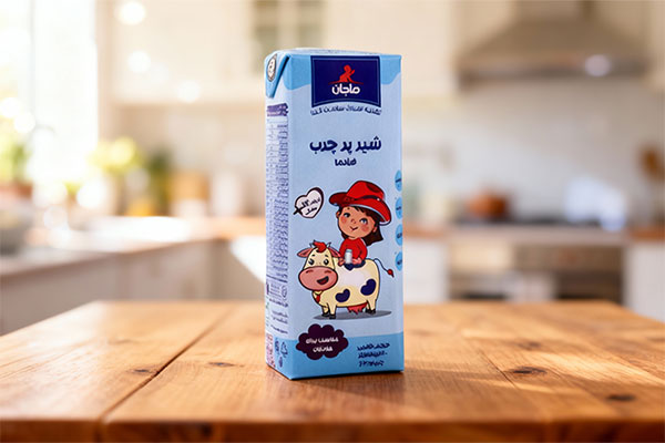 شیر پر چرب ماجان برای کودکان بالای یک سال روی میز چوبی