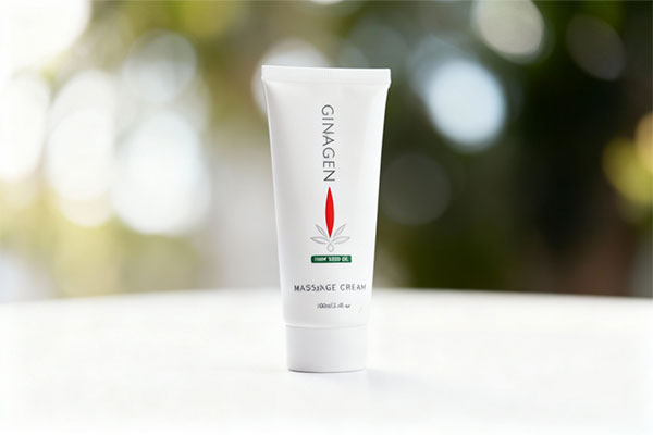 تصویر کرم ماساژ روغن دانه خشخاش ژیناژن روی سطح سفید