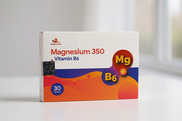 تصویر بسته‌بندی قرص منیزیم 350 و ویتامین ب6 ویتامین لایف